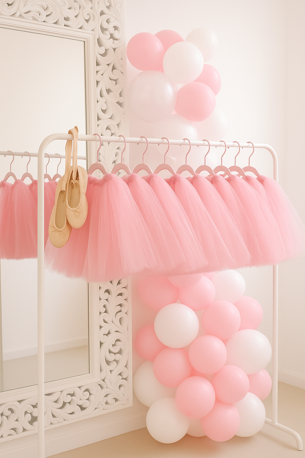 Pink tulle skirts on a rack with pink and white balloons party luxury decor. Ballet_Dreams_and_Pink_Elegance. The Ultimate Royal Spa. The deluxe bespoke spa package