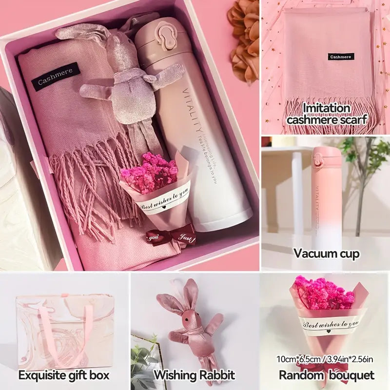 Self care spa gift set pink scarf, vacuum cup, gift box, rabbit-shaped product, and bouquet with product labels.