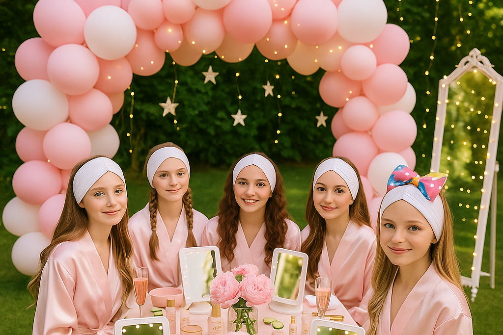 Teen Luxury Garden Spa Party, Bulgaria, luxury pampering, spa packages, pink spa robes, refreshments, make up, head bands, The Ultimate Royal Spa