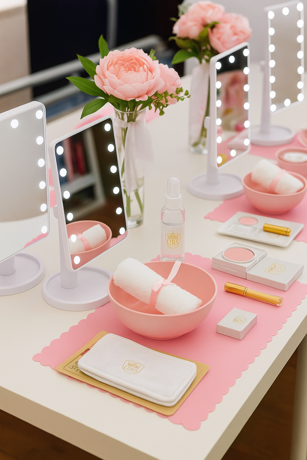 Makeup vanity setup with mirrors, flowers, and cosmetic products on a pink surface. The deluxe spa party package