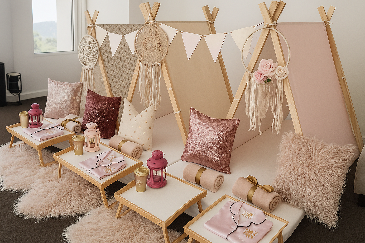 kids spa sleepover, slippers, pink spa robes, spa treatments. kids party