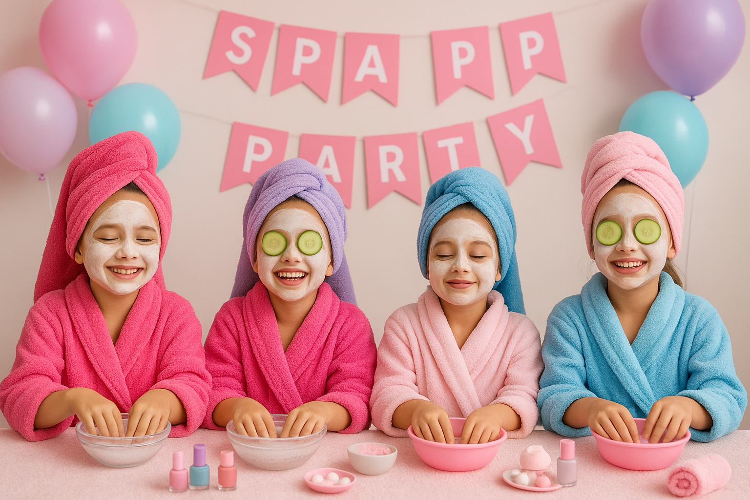 Children at a spa party with face masks and balloons, luxury party decoration, pampering and glitter, spa robes, spa relax party, mobile spa, kids birthday, The Ultimate Royal Spa
