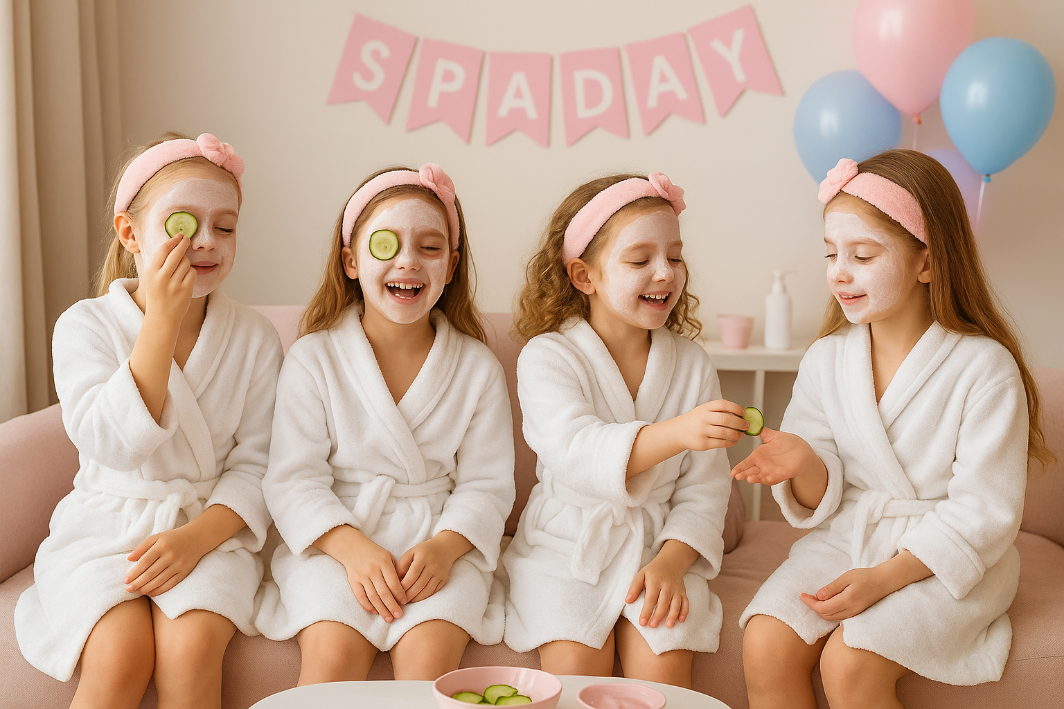 kids spa day, kids celebration, spa party, mobile spa, kids birthday, organic facials, mani and pedi, luxury spa, ultimate pampering, party decorations. The Ultimate Royal Spa