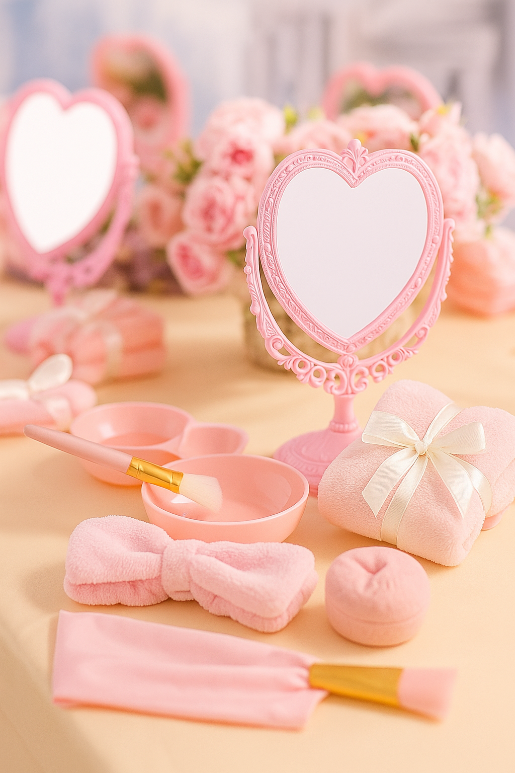 Pink makeup set with heart-shaped mirrors and spa items on a light pink background. The Ultimate Royal Spa party set up